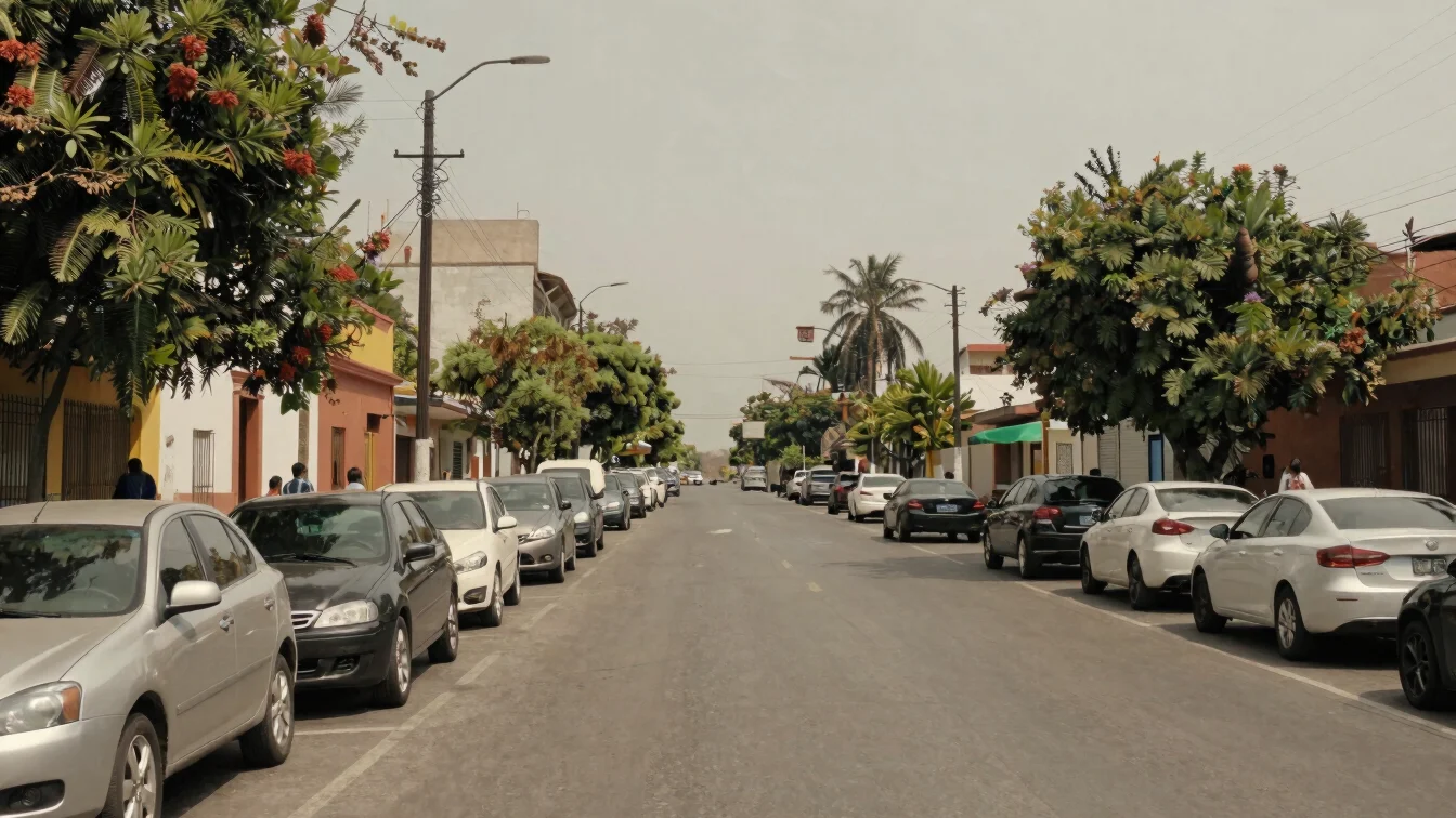 Calle urbana contemporánea en México con autos estacionados y vegetación local, luz de mañana, encuadre amplio, sin dram